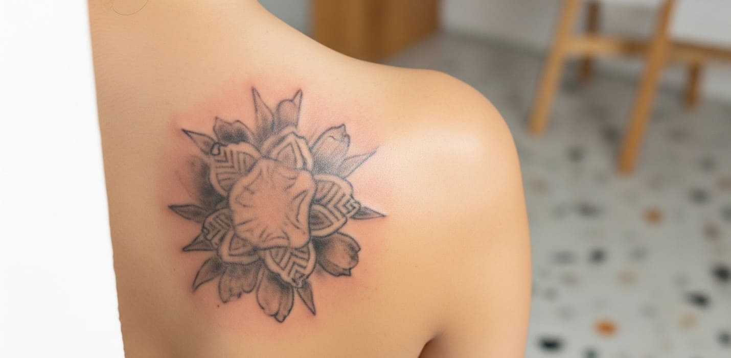 Close-up of a faded tattoo on clear, healthy skin, prepared for a professional cover-up.